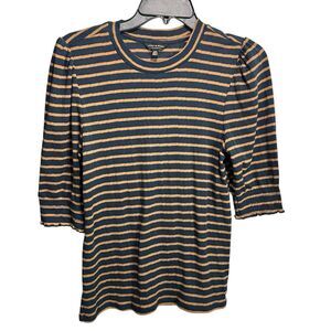 Lucky Brand Striped Puff Sleeve Knit Top Womens M Blue Brown casual lightweight